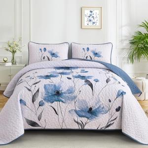 Mybedsoul Floral Quilt Set Queen Size, 3 Pieces Blue Bedspread Coverlet Set, Lightweight Farmhouse Botanical Bedding Set for Fall Winter All Season(96"x90")