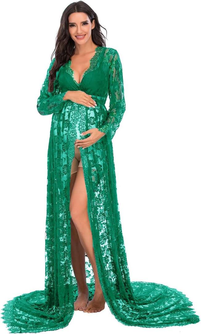 ZIUMUDY Maternity Deep V-Neck Split Front See-Through Maxi Lace Dress for Photography with Long Sleeve (Green)