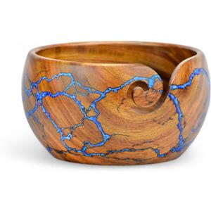 Large Yarn Bowl for Crocheting, Indian Rosewood Knitting Wooden Large Yarn Bowl Holder, Handmade Crocheting String Storage Holder, Knitting Crochet Accessories. (Brown + Blue Resin)