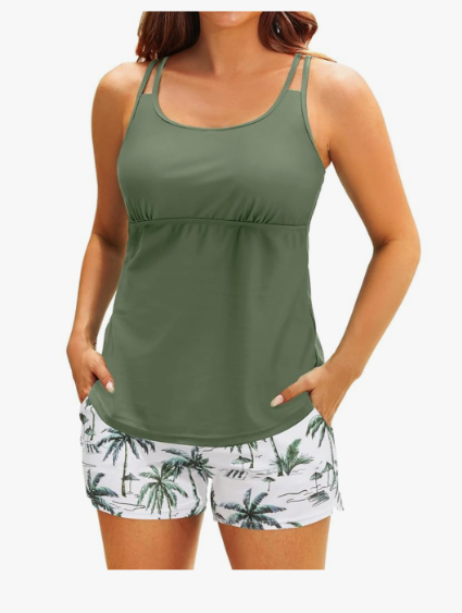 Tempt Me Two Piece Tankini Swimsuits for Women Tummy Control Bathing Suit with Shorts Athletic Two Side Pockets Swimwear, M