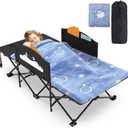 Slendor Toddle Cot, Toddler Portable Bed w/Cartoon Handrail, Blanket (5ft x 4ft), Folding Toddler Cots for Camping, Travel Bed, Extra Long Cot Length 56", Support 330 Lbs, Black