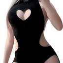KORURACLUB Women's Black Lingerie Backless Bodysuit Corset Top Sexy Bodysuits Halter Neck Bodysuit Heart Cutout Corset Top (Black, L/ XL)
