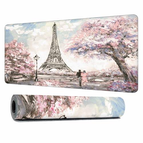 Y YIHANGBEST Eiffel Tower Desk Mouse Pad Mat Paris Pink Tree Landscape Couple Love Extended Gaming Keyboard Mousepad for Computer,Home,Office 35.4"X15.7"