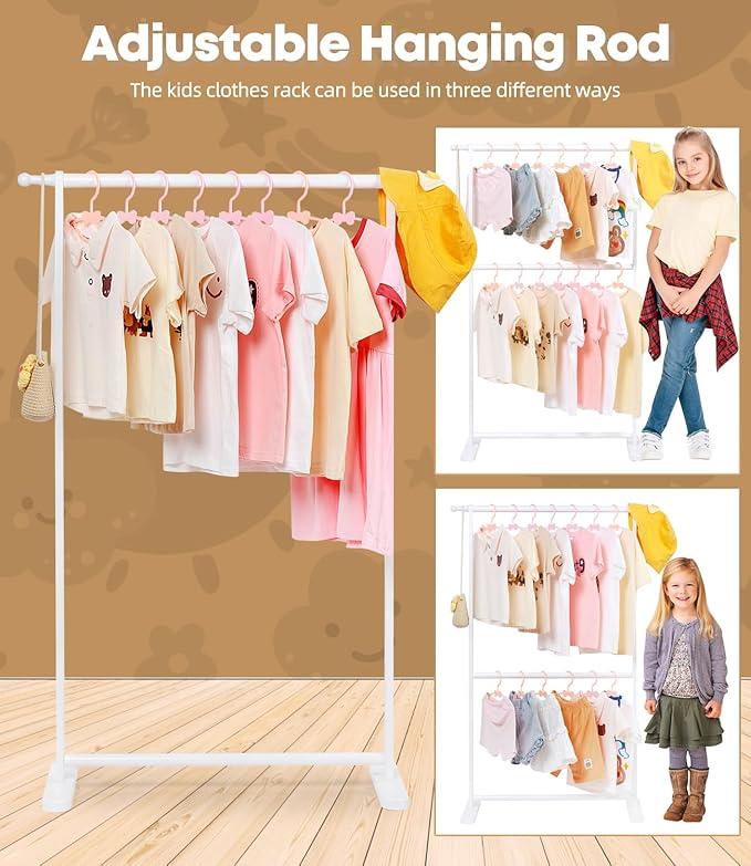 Bamboo Kids Clothing Rack with Dual Poles, Child Dress Up Rack, Clothing OrganizerRack, Small GarmentRack, Perfect for Costumes and Accessories (White)