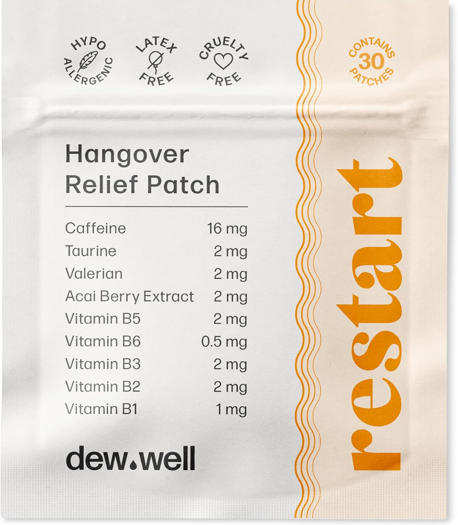 Dew Well 6-pack Restart Hangover Support Supplement Patch - Ingredients to Promote Energy - Caffeine, Taurine, and Acai Berry - Easily Take On and Off