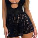Women Mini Beach Dresses Trendy Knit Hollow Out Crochet Cover Up Sexy Halter Backless Sundress Tie Up Boho Swimsuit S