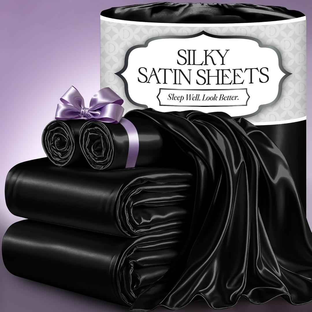 DECOLURE Satin Bed Sheets - 4 Piece Luxury Silky Full Size Bedding Set - Softer Than Silk, Wrinkle-Free with 15 Deep Pocket Fitted Sheet, Perfect for Hair & Skin, Gifts for Women (Black)