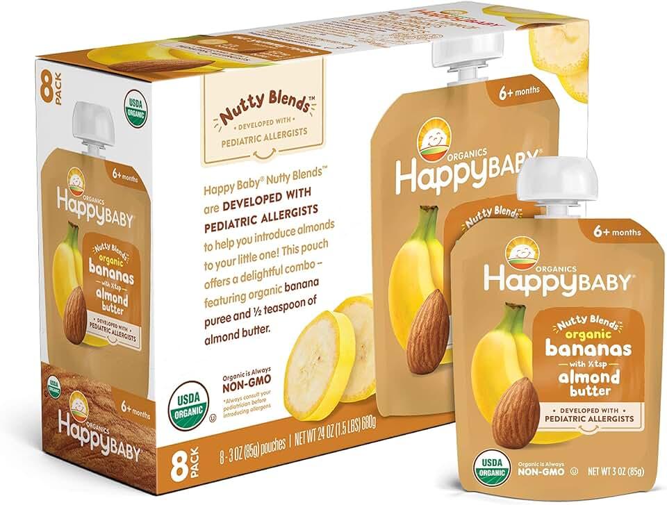 Happy Baby Organics Nutty Blends, Banana & Almond Butter, 3 Ounce (Pack of 8) USDA Organic, 2 Pack, EXP: 02/Jun/2026