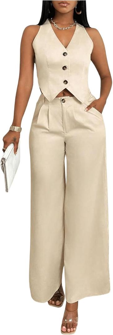 WDIRARA Women's 2 Piece Outfits Button Down Sleeveless Blazer Vest Wide Leg Pants Set (Large, Apricot)