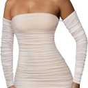 XXTAXN Women's Fall Long Sleeve Mesh Ruched Party Cocktail Mini Bilayer Bodycon Dress White (White, S)