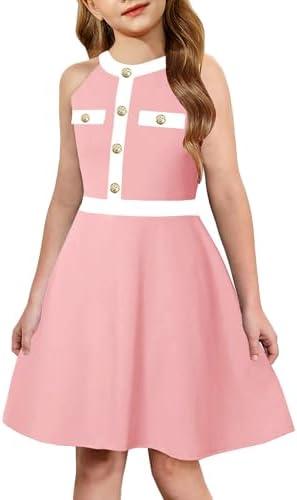 HOSIKA Girls Summer Halter Neck Sleeveless Elegant Button Front Casual A-line Flared Dress for 10-11 Years