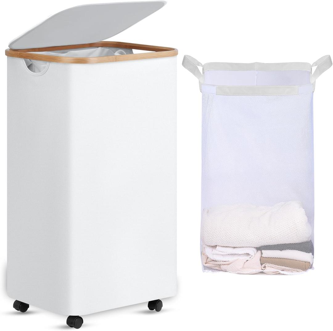 efluky Laundry Basket with Wheels, Tall Rolling Laundry Hamper with Lid and Removable Bag, Aesthetic Dirty Clothes Hamper on Wheels for Laundry Room, Bedroom, Dorm and Bathroom, 100L White