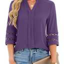 Funlingo 3/4 Length Sleeve Womens Tops Summer Dressy Casual V Neck Tunic Blouses Business Work Pleated Shirts Fashion Clothes Purple XL