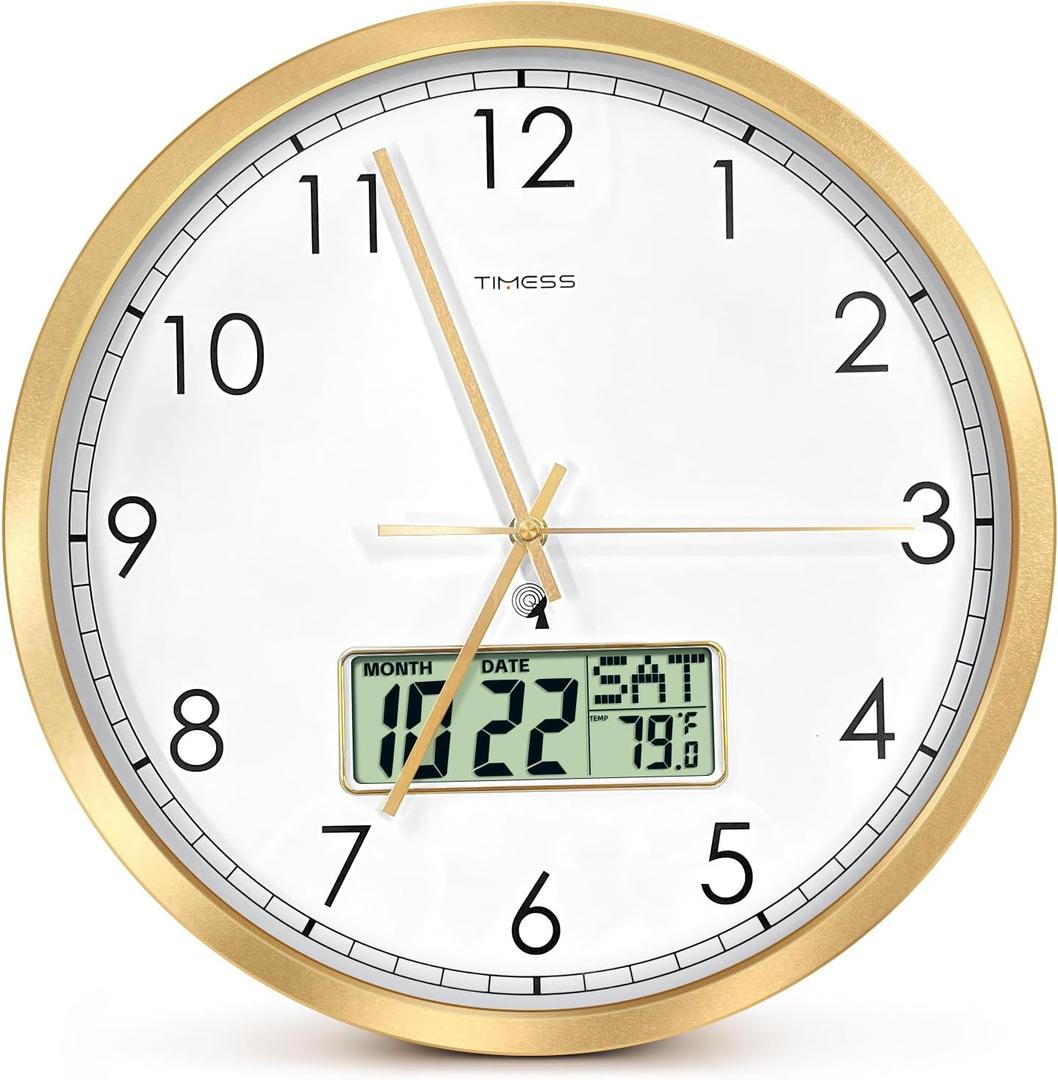 Atomic Analog Wall Clock, WWVB Self-Setting Battery Operated 14" Large Dial Non-Ticking Silent Easy to Read & Use Clock with LCD Display, Ideal Modern Home, Kitchen, Office Dcor (Gold)