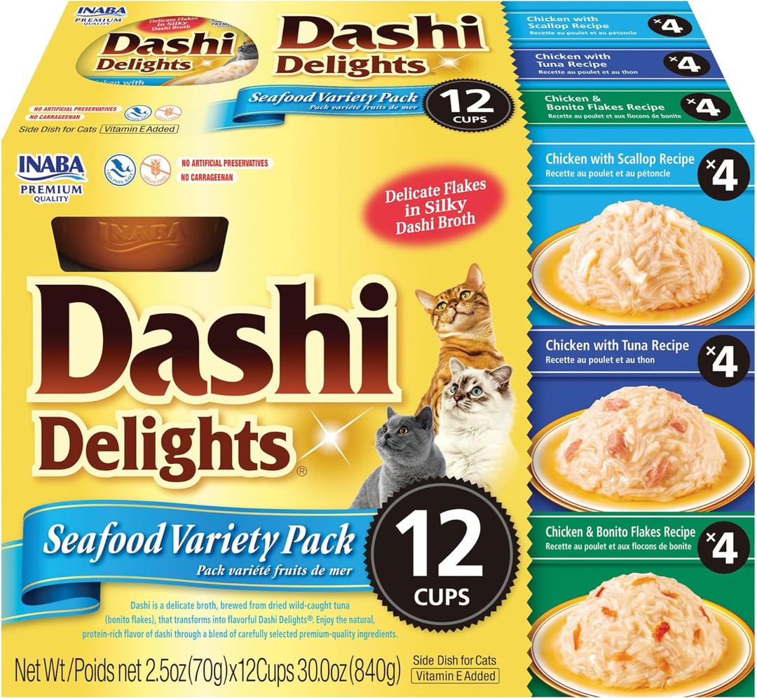 INABA Dashi Delights for Cats, Shredded Chicken with Bonito Flake Broth, 2.5 Ounce Cup, 12 Cups Total, Seafood Variety EXP. 03/07/2026