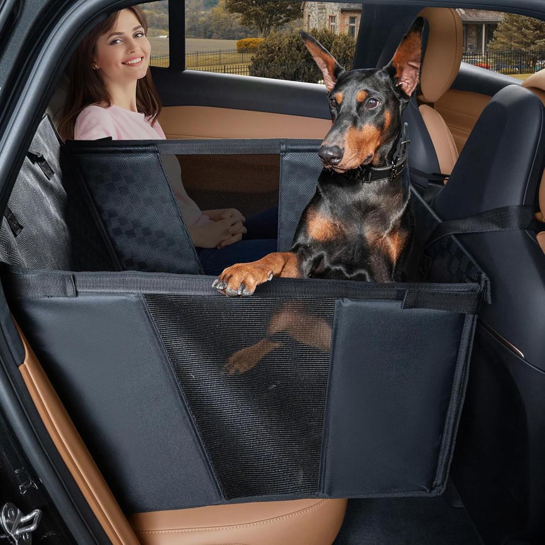 Dog Car Seat for Large Dogs, Waterproof Faux Leather Pet Carrier for Active Pets at Back Seat Half Hammock with 4 Hard Sides & Bottom Extender for Cars SUV Trucks(Black)