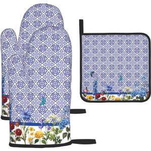 Blue Chinoiserie Oven Mitts Heat Resistant,Cute Floral Pot Holders and Kitchen Mitts, Heat Resistant Non-Slip Baking Golves Hot Pads for Cooking BBQ Grilling,Housewarming Gifts for Women Hostress