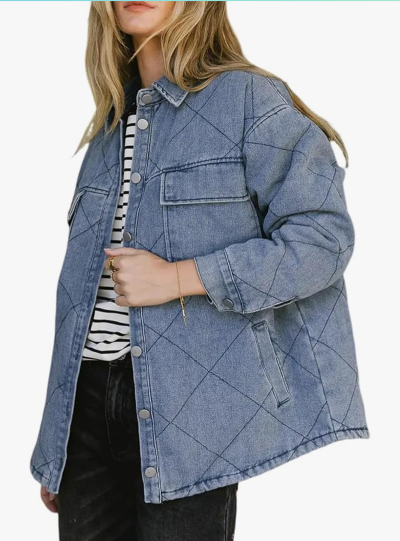 Denim Jacket for Women Fashion Solid Oversized Long Sleeve Button Down Shacket Jacket Coat with Pockets, L