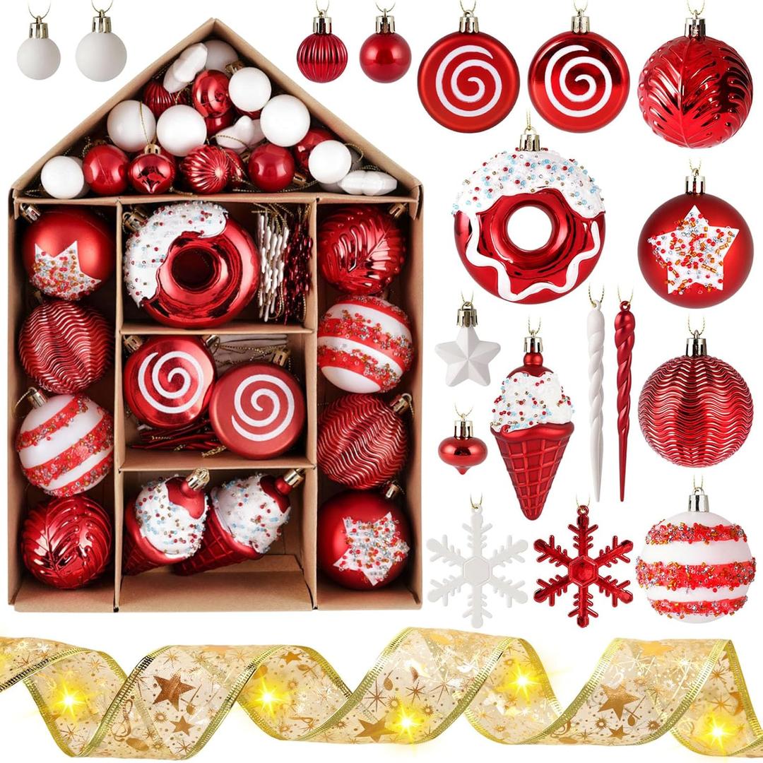 DomeStar 70PCS Red and White Christmas Ball Ornaments, Shatterproof Candy-Themed Christmas Tree Decorations with Lights for Holiday Party & Home Decor