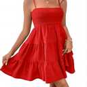 Womens Vacation Summer Casual A Line Swing Dress Ruched Bust Sleeveless Solid Ruffle Hem Cami Short Dress Babyblue S