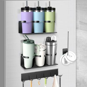 4 Pack Magnetic Cup Holder for Fridge, Magnetic Cup Holder with Tumbler Lid Organizer for for 20oz 30oz 40oz Cup, Water Bottle Organizer Rack with 7 Hooks for Kitchen Fridge Cabinets (Black, 6 Cups)
