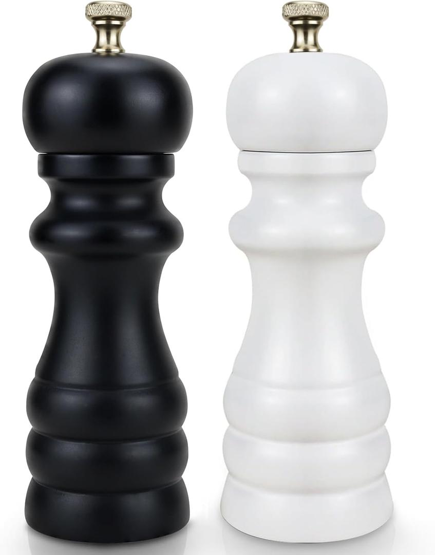 Salt and Pepper Grinder Set of 2, Manual Salt Mill & Pepper Mills with Adjustable Coarseness, Refillable Wood Spice Shakers, Kitchen Accessories for Chili, Sesame, Himalayan (Black and White)
