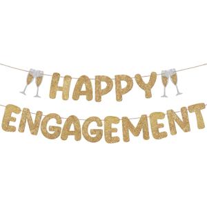 Breling Pre Strung Happy Engagement Banner Glitter Engagement Party Decorations for Congratulations Engaged Wedding Shower Signs Decor(Champagne Gold)