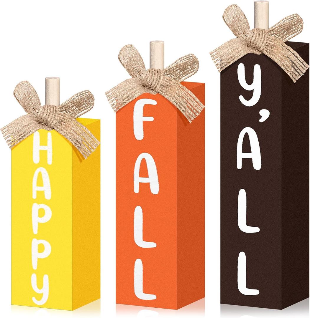 Geetery 3 Pcs Fall Decoration for Home Fall Table Block Sign Thanksgiving Tiered Tray Decor Thanksgiving Wood Table Decor for Autumn Harvest Office Shelf Desk Kitchen Party Supplies (Bright Style)
