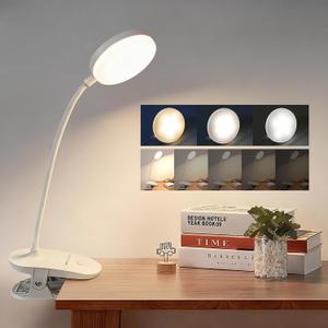 Clip On Clamp Light for Bed Headboard,Rechargeable Desk Lamp,3 Colors (White/Warm White/Warm),Dimmable 360 Gooseneck,20 LED,Eye-Caring Light for Study & WorkCollege Dorm Essentials for Girls & Guys