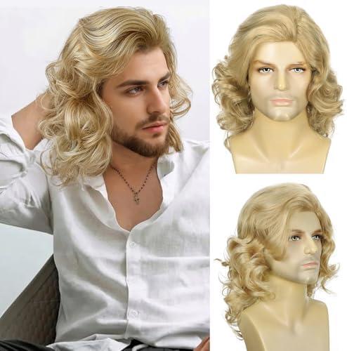 Long Blonden Wig for Men Natural Curly Wavy Hair Halloween Accessory 70s 80s Rocker Cosplay Synthetic Wigs(Dirty Blonde)