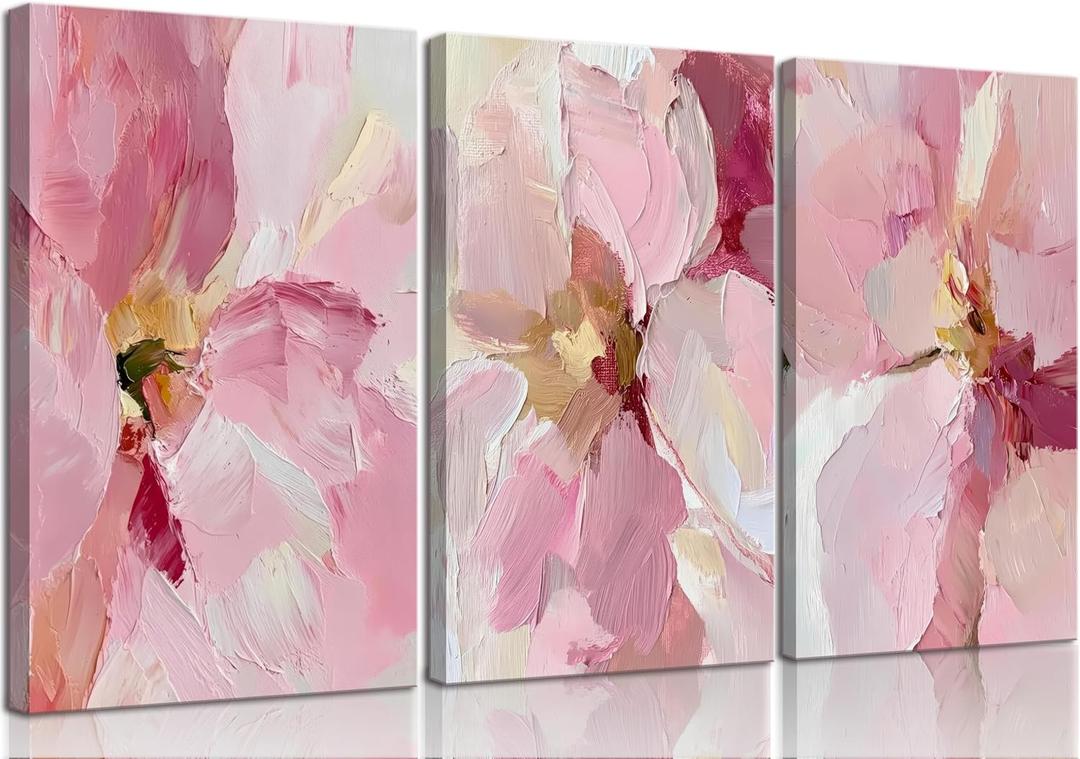 3Pcs Abstract Blush Pink Flower Canvas Wall Art, Textured Thick Paint Modern Floral Bloom Oil Painting Poster Print, Wall Decor Artwork for Bedroom Living Room Dining Room Home Decoration 24x16