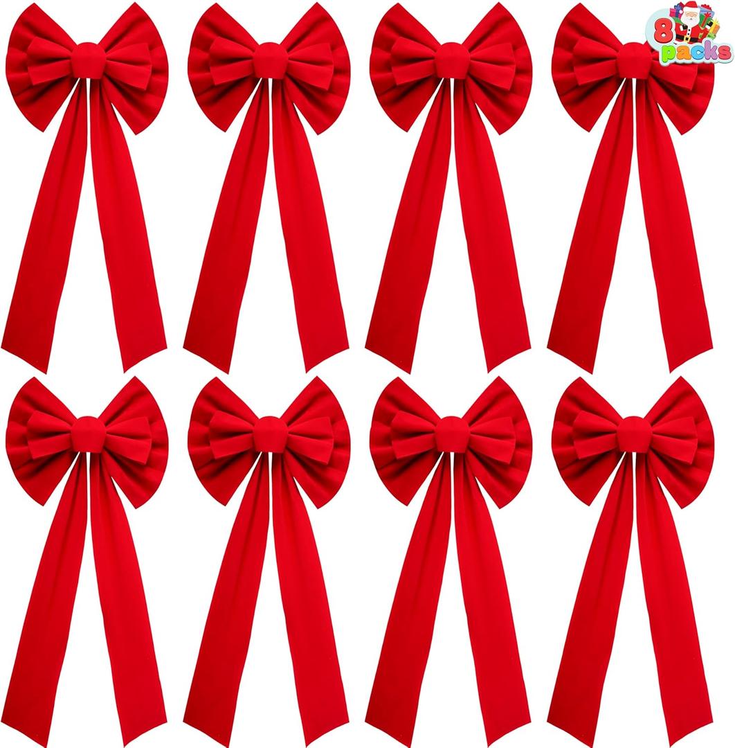 JOYIN 8 Pack Christmas Red Velvet Bows, 26" Long by 10" Wide Decorative Christmas Bows for Wreath Garland Tree Decor, Indoor Outdoor Holiday Decorations