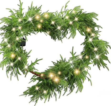 6 Ft Christmas Norfolk Pine Garland with 100 LED Lights, Dense Norfolk Pine Real Touch Garland, Artificial Greenery Garlands for Christmas Holiday Mantle Fireplace Table Home Decor Xmas