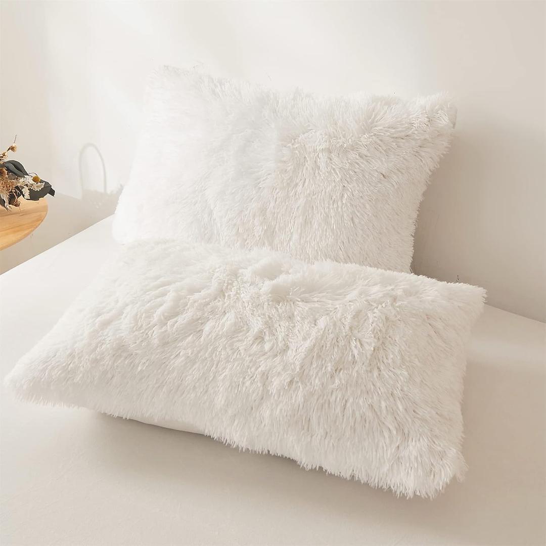 Furry Pillow Cases White 26"x20", Faux Fur Shaggy Plush Fuzzy Fluffy Decorative Pillow Covers Set of 2, Standard Velvet Cushion Cover with Zipper for Bedroom Interior