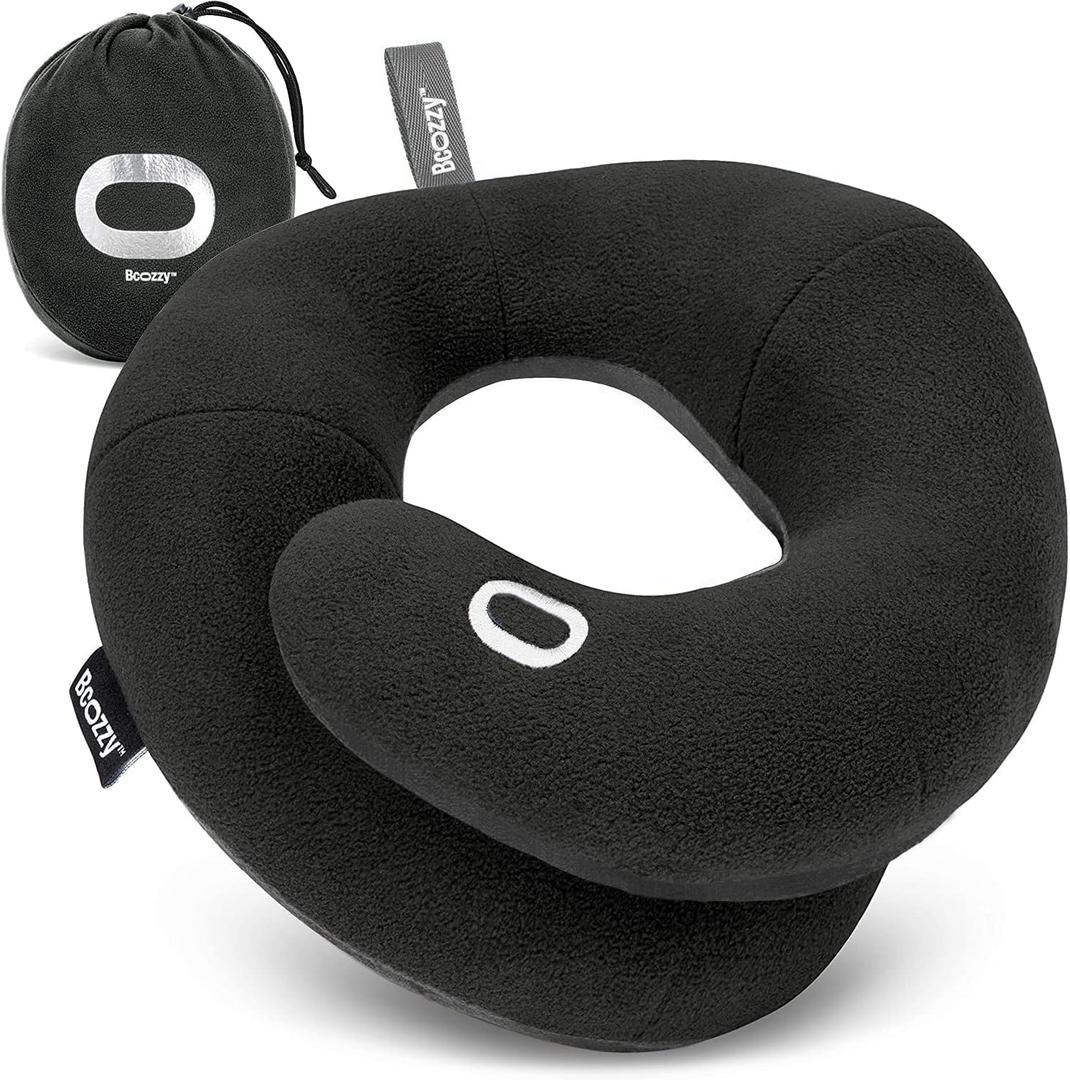 BCOZZY Travel Neck Pillow for Airplane Patented Double Support for Head, Neck, and Chin. Best for Long Flights, Plane Sleeping, and Car Rides. Adjustable Size. Fully Washable. Carry Bag. Large, Black