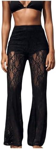 RoseSeek Women's Floral Lace Sheer Mesh Flare Pants Elastic High Waisted Long Trousers XL