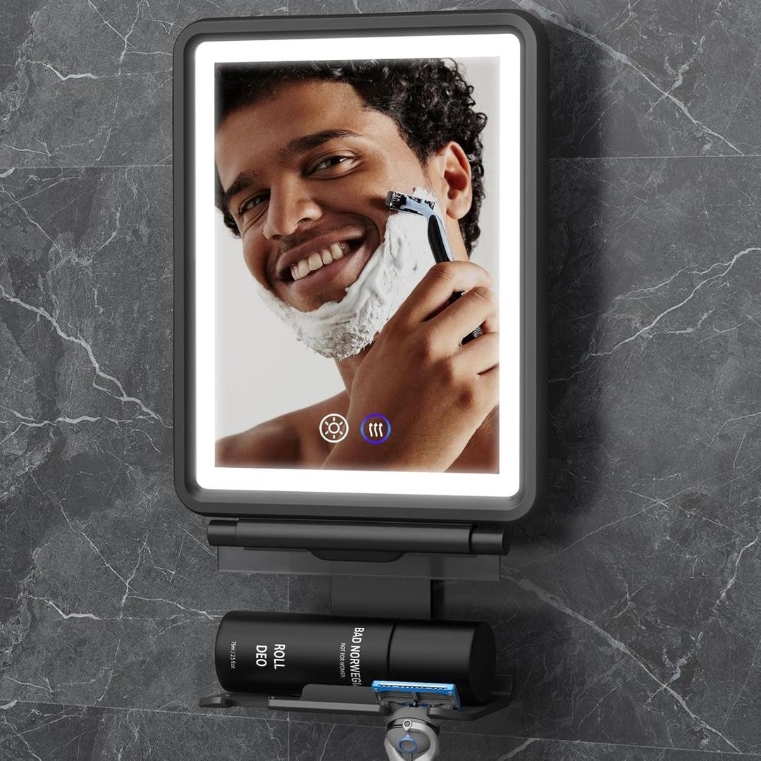 Heated Shower Mirror Fogless for Shaving, 3 Colors Stepless Dimmable Lights Fogless Mirror for Shower, Rechargeable Anti Fog Shaving Mirror for Shower with Razor Holder for Men, Light Memory Function (Black)