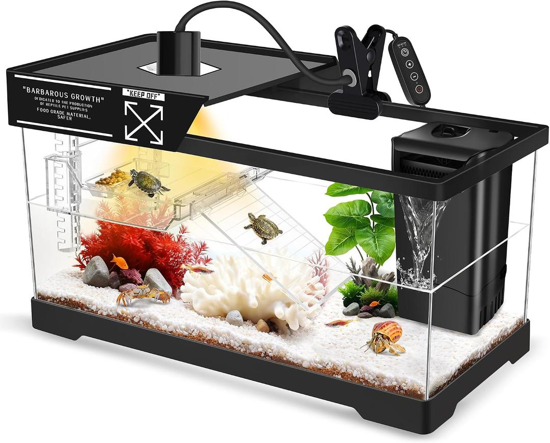GOZILLA Aquatic Turtle Tank+Lamp+Filter Kit, Upgrade PC Turtle Tank Kit with Adjustable 360°Lamp & Filter,Reptile Habitat Lid,Hanging Platform for Small Reptiles.(19.68× 9.52× 9.44''/Large-Black)