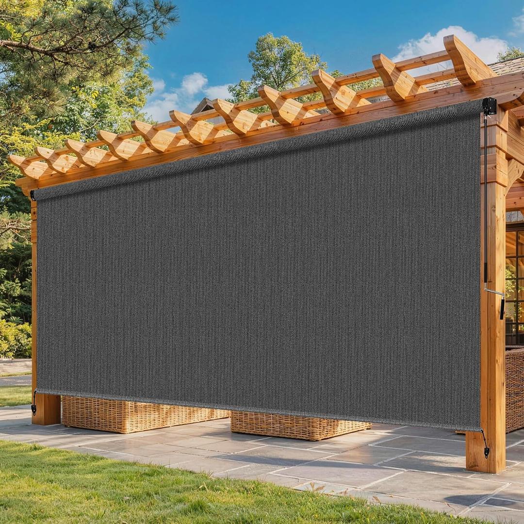 12'W x 8'H Gray Outdoor Roller Shade with Crank Wand Patio Shades Roll up, Privacy Protection & UV Blocking for Pergola | Gazebo, 144"W x 96"H