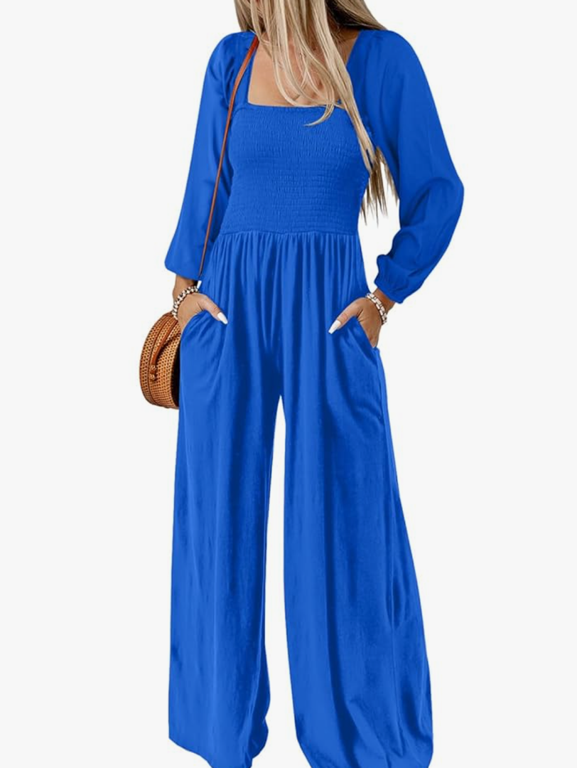 Dokotoo Women's Casual Loose Overalls Jumpsuits One Piece Long Sleeve Wide Leg Long Pant Rompers With Pockets Size L