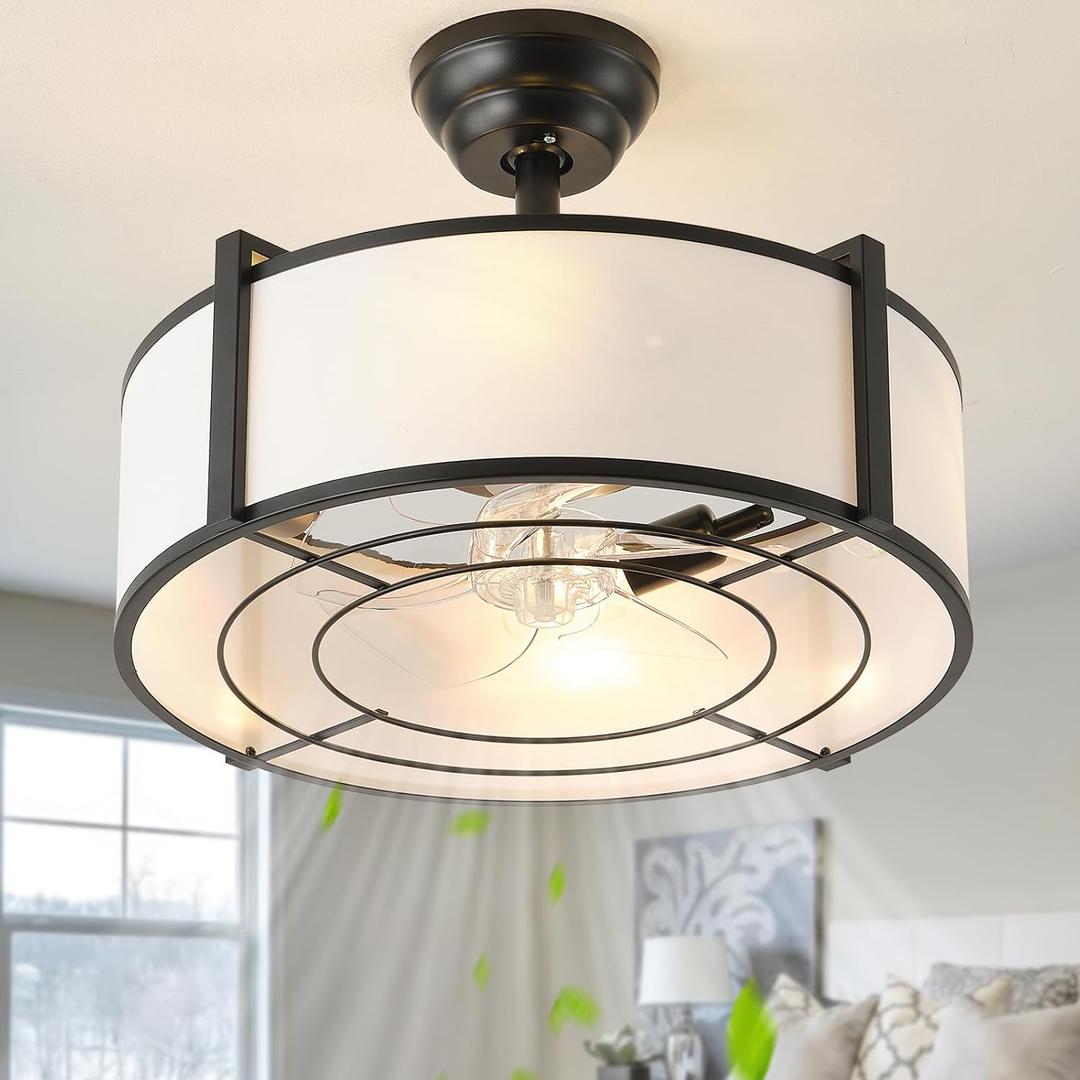 SYDACG 20" Caged Ceiling Fans with Lights, Black and White Fandelier Ceiling Fan with Light, Farmhouse Rustic Chandelier Fan Remote Control, 6 Speeds for Bedroom, Nursery, Living Room