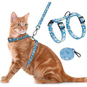 Cat Harness and Leash Set, Adjustable Kitten Harness Escape Proof Cats Harness, Soft Lightweight Walking Travel Pet Harness, Cute Kitty Harness Leash Set for Small Medium Cats, Blue Daisy