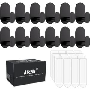 Aikzik 12 Pcs Towel Hooks with 16 Removable Strips, Black Hooks for Walls No Damage, Adhesive Wall Hooks for Bathroom, Kitchen, Shower Hooks for Inside Shower, Stainless Steel Sticky Hooks for Hanging