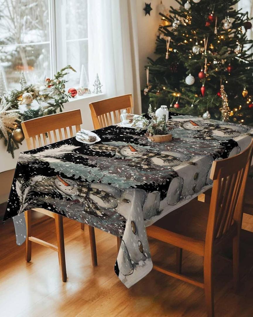 Black Christmas Snowman Tablecloth Waterproof Tablecloths, Vintage Winter Pine Snowflakes Table Cloth Dining Table Cover Cloth for Kitchen Party Outdoor Tabletop Decor, Rectangle Tablecloth 60x120 In