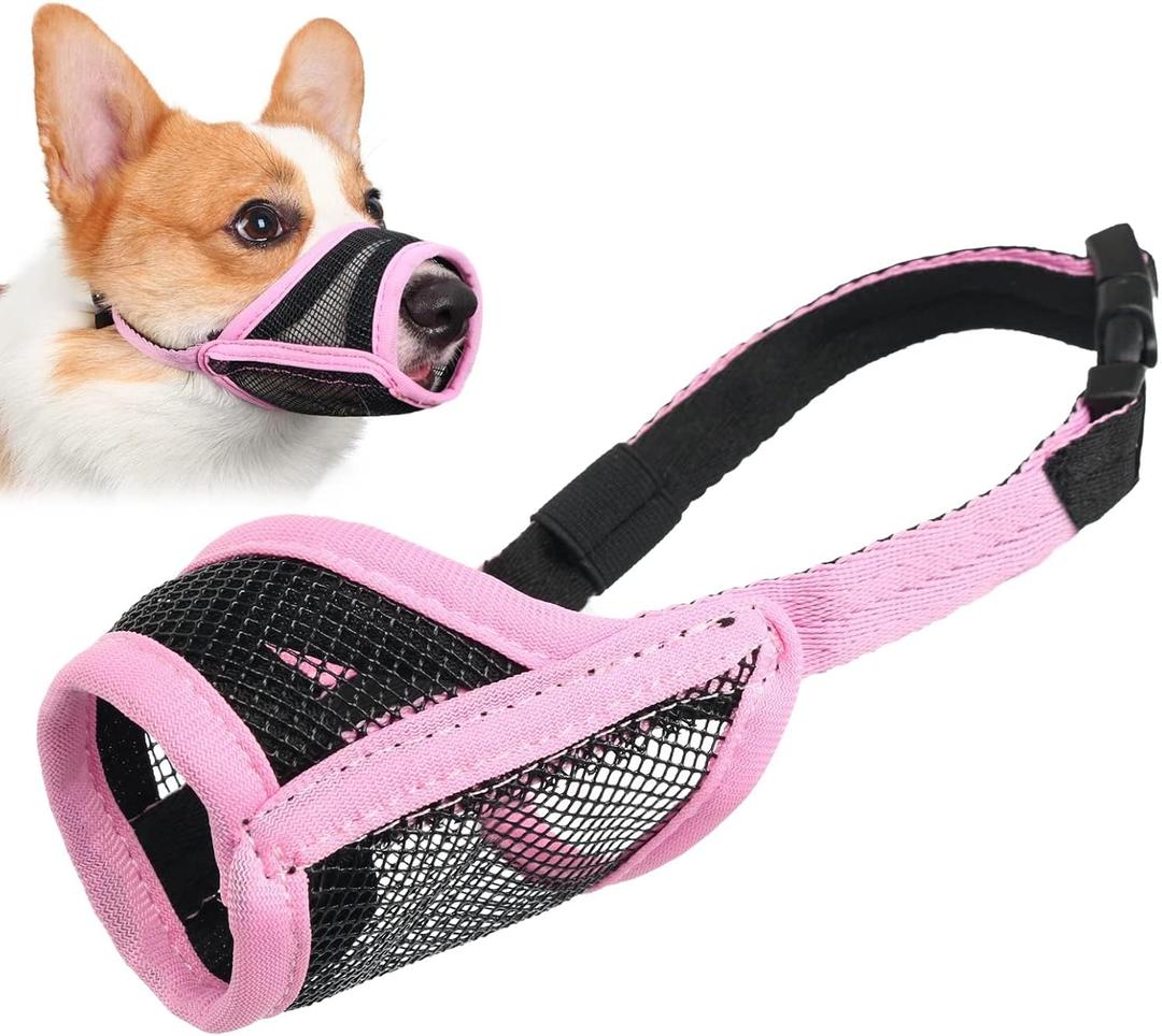 LUCKYPAW Dog Muzzle, Mesh Muzzle for Small Medium Dogs, Soft Mouth Cover to Prevent Biting Chewing, Drinkable Breathable Adjustable Puppy Mouth Guard(M(Snout: 5"-7"), Pink)