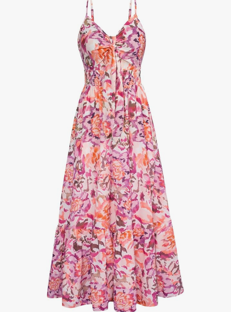 GRACE KARIN Women's 2025 Summer Maxi Dress Floral Tie Front Spaghetti Strap Casual Boho Beach Flowy Sundress with Pockets, Size S