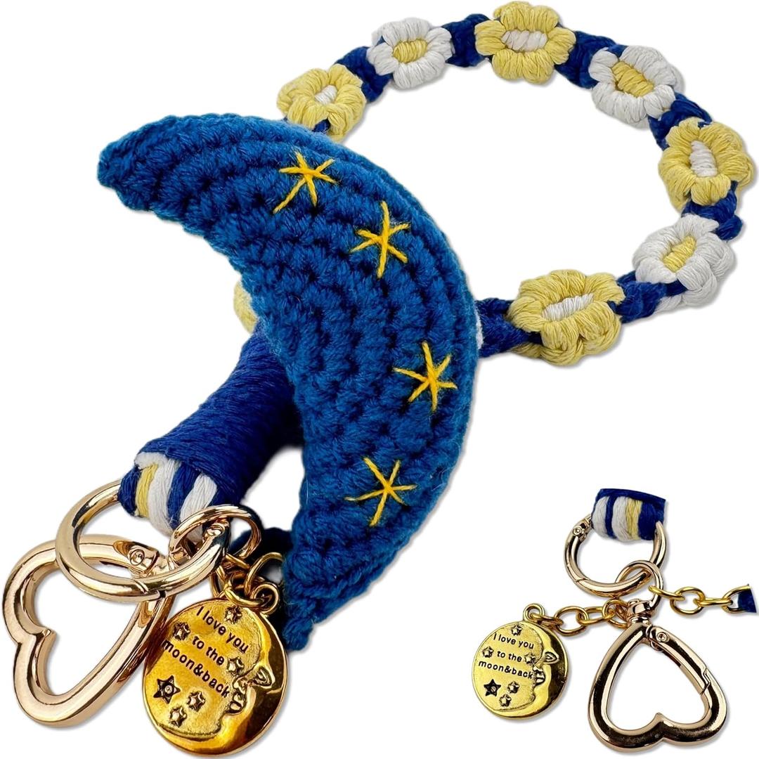 Handmade Crochet Moon Keychain for Women, Long Distance Relationship Gift with Daisy Wristlet, Celestial Bag Charm for Girlfriend Daughter