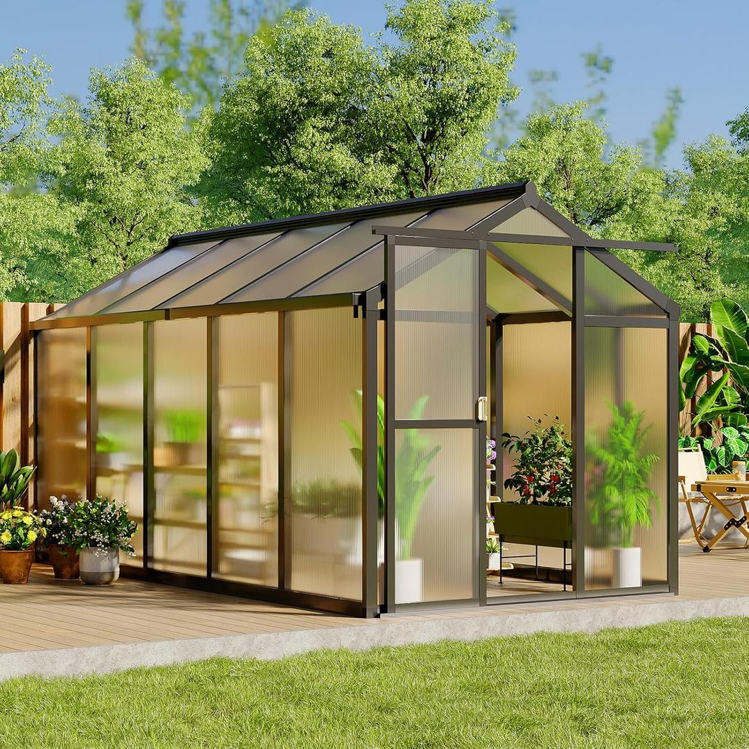 6x10 FT Greenhouse, Easy Assembly Aluminum Polycarbonate Greenhouses for Outdoors with Roof Vent, Large Aluminum Walk-in Greenhouse for Sunroom Patio, Backyard, Garden, Sliding Lockable Door, Black