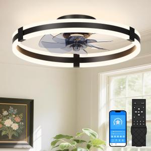 VOLISUN Ceiling Fans with Lights and Remote, 19.7in Low Profile Ceiling Fans with Light, 3000K-6500K Dimmable Fandelier Ceiling Fan, Black Flush Mount Ceiling Fan for Bedroom
