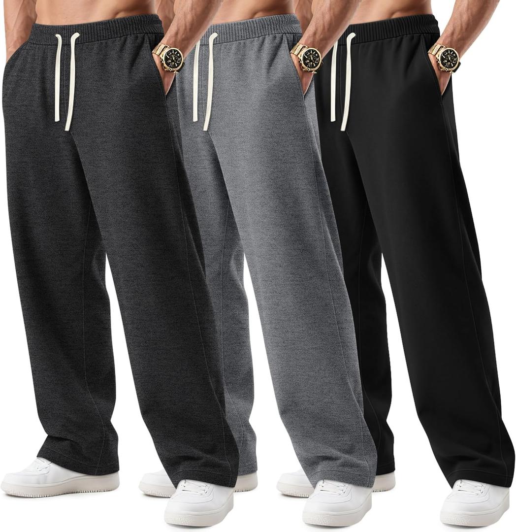August Alley 3 Pack Big and Tall Men's Sweatpants Open Bottom Athletic Pants Drawstring Elastic Waist with Pockets (4X-Large, Mix Black, Mix Gray, Black)